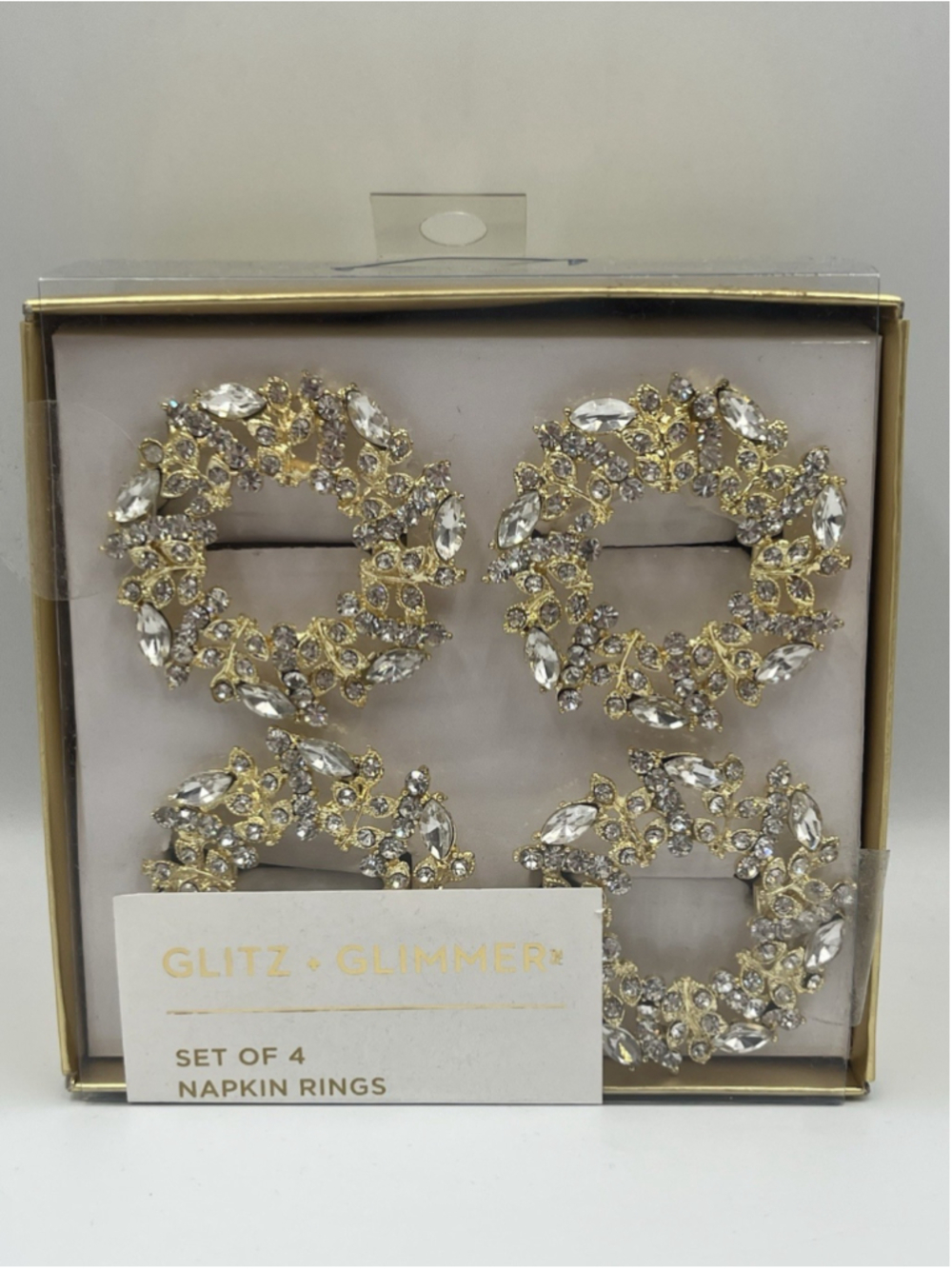 GLITZ GLIMMER Gold, Silver Rhinestones Napkin Rings Set of 4 Christmas Holiday